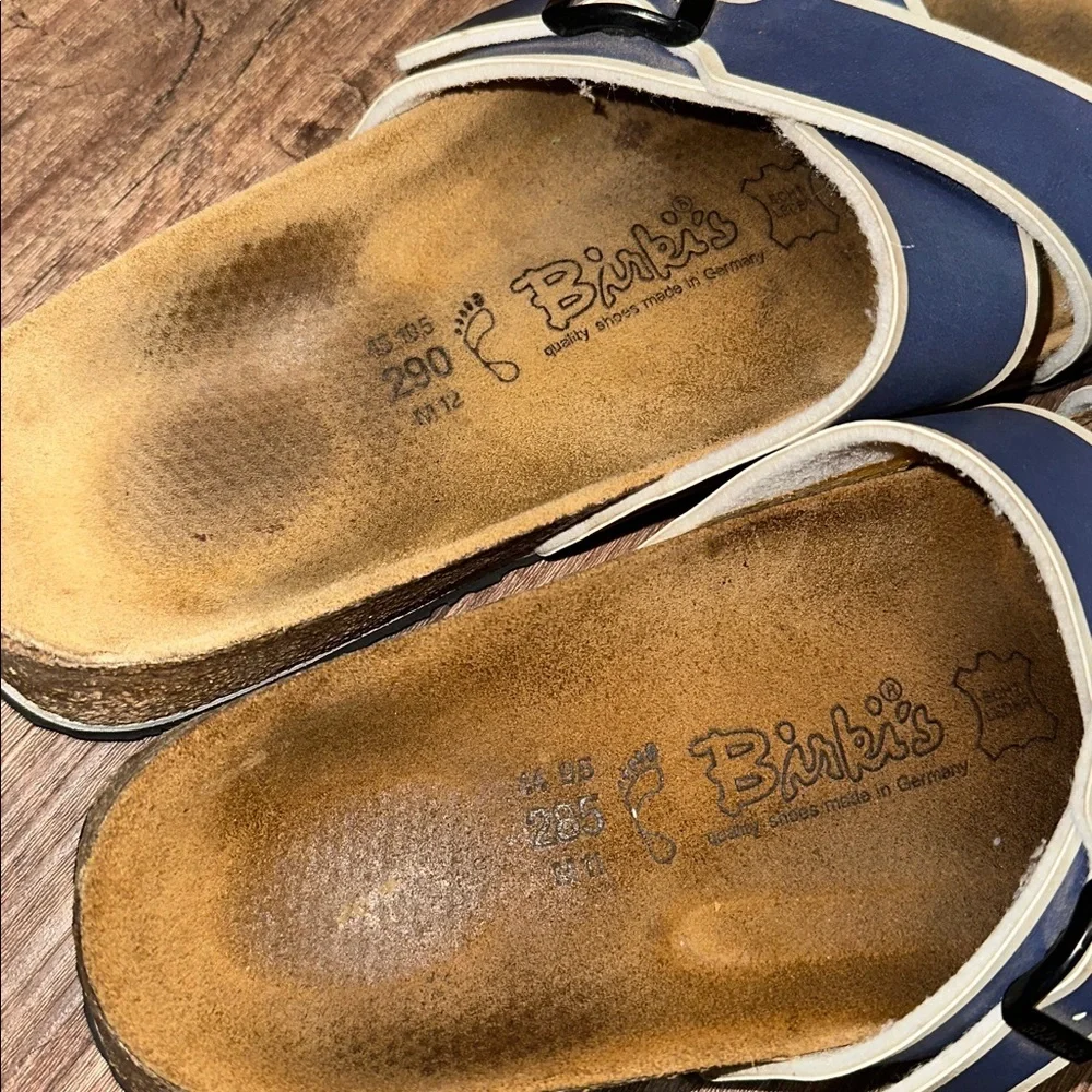 Men’s Birkis Sandals Two Toned Navy & White left size 12 and right is size‎ 11
